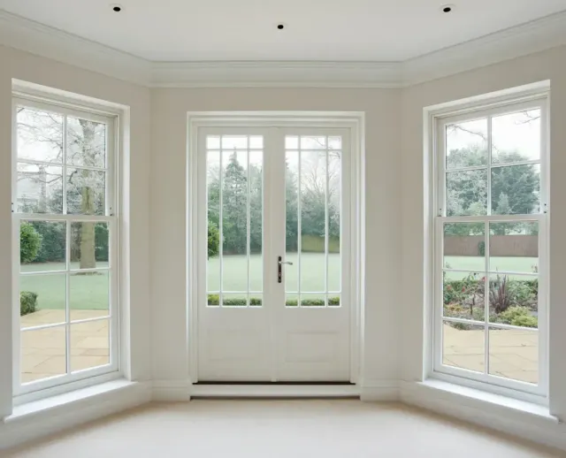 An empty room with lots of windows and a door