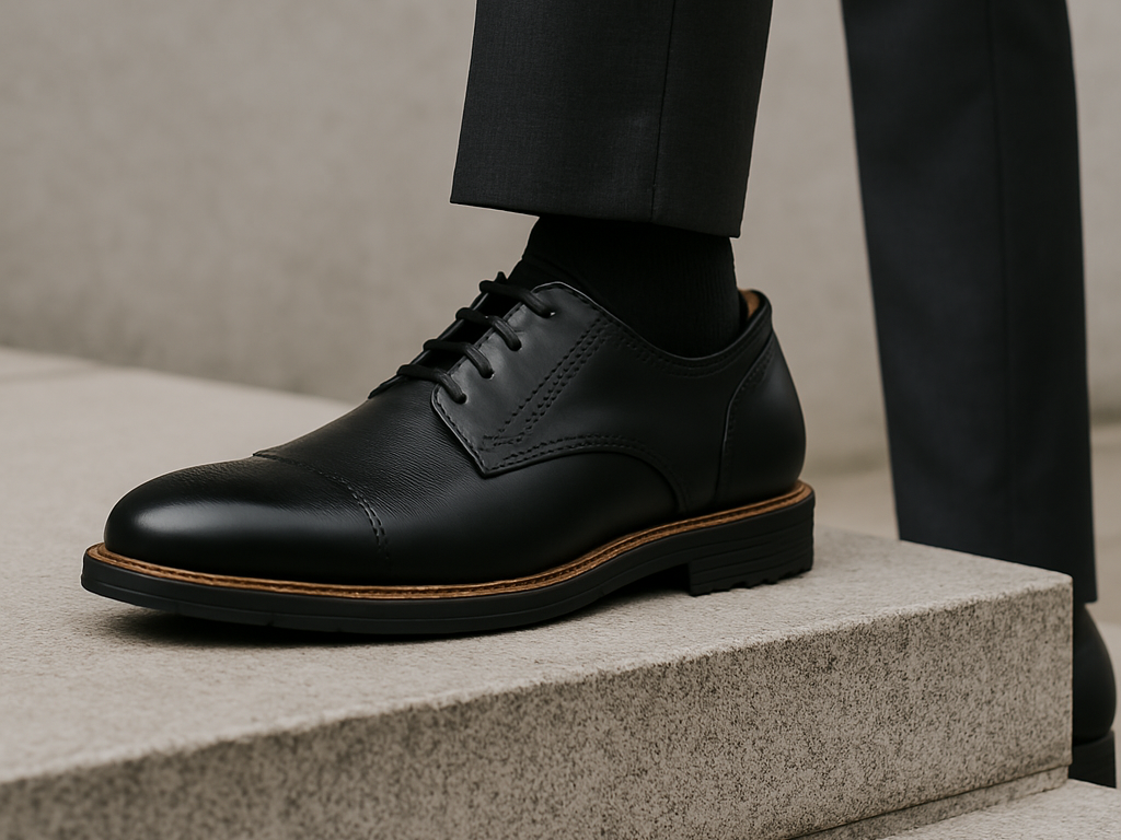 A person wearing black shoes is standing on a set of stairs.