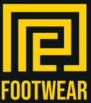 A yellow and black footwear logo on a black background