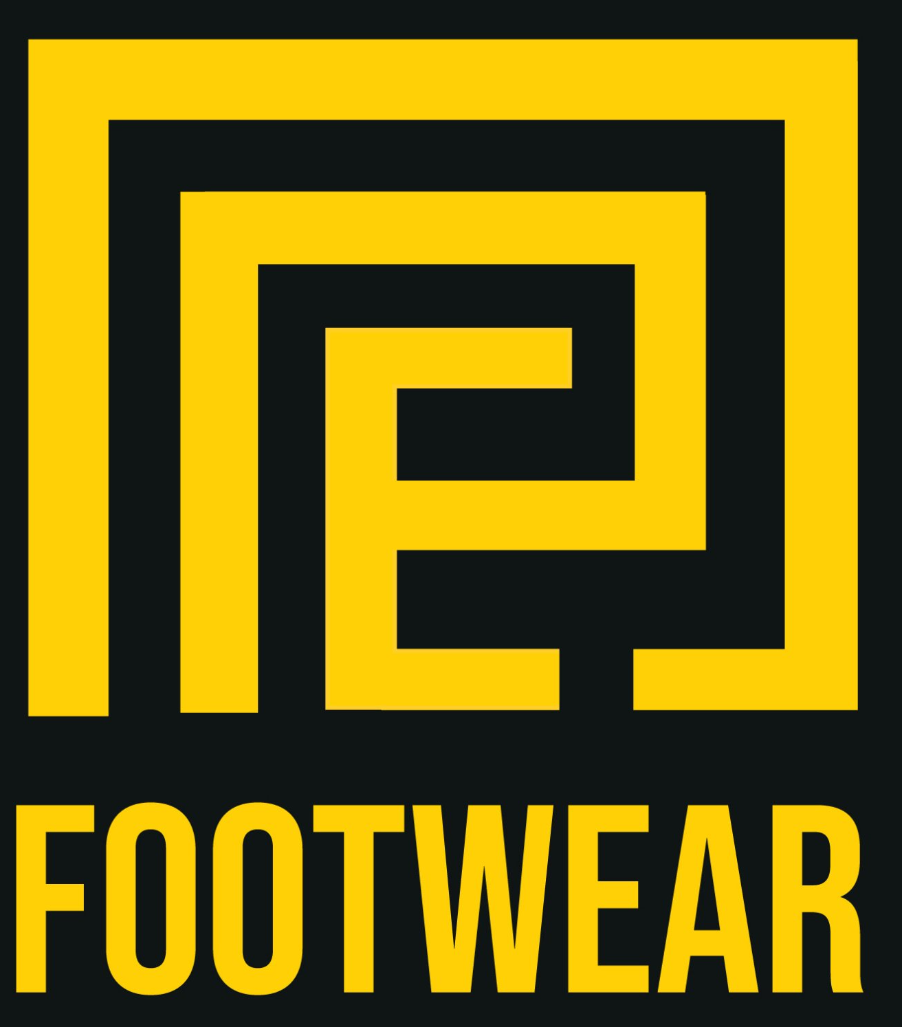 A yellow and black footwear logo on a black background