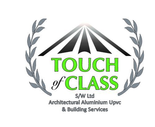 Logo for "Touch of Class" building services, featuring green text with a stylized sunburst and laurel wreath.