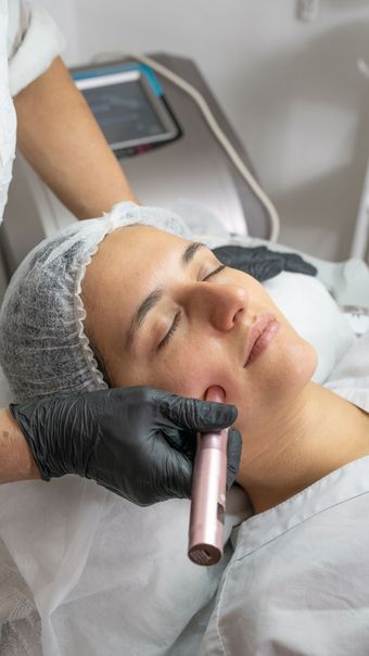 Primer plano de un dispositivo de tratamiento facial en la frente de una mujer en un entorno de spa.
