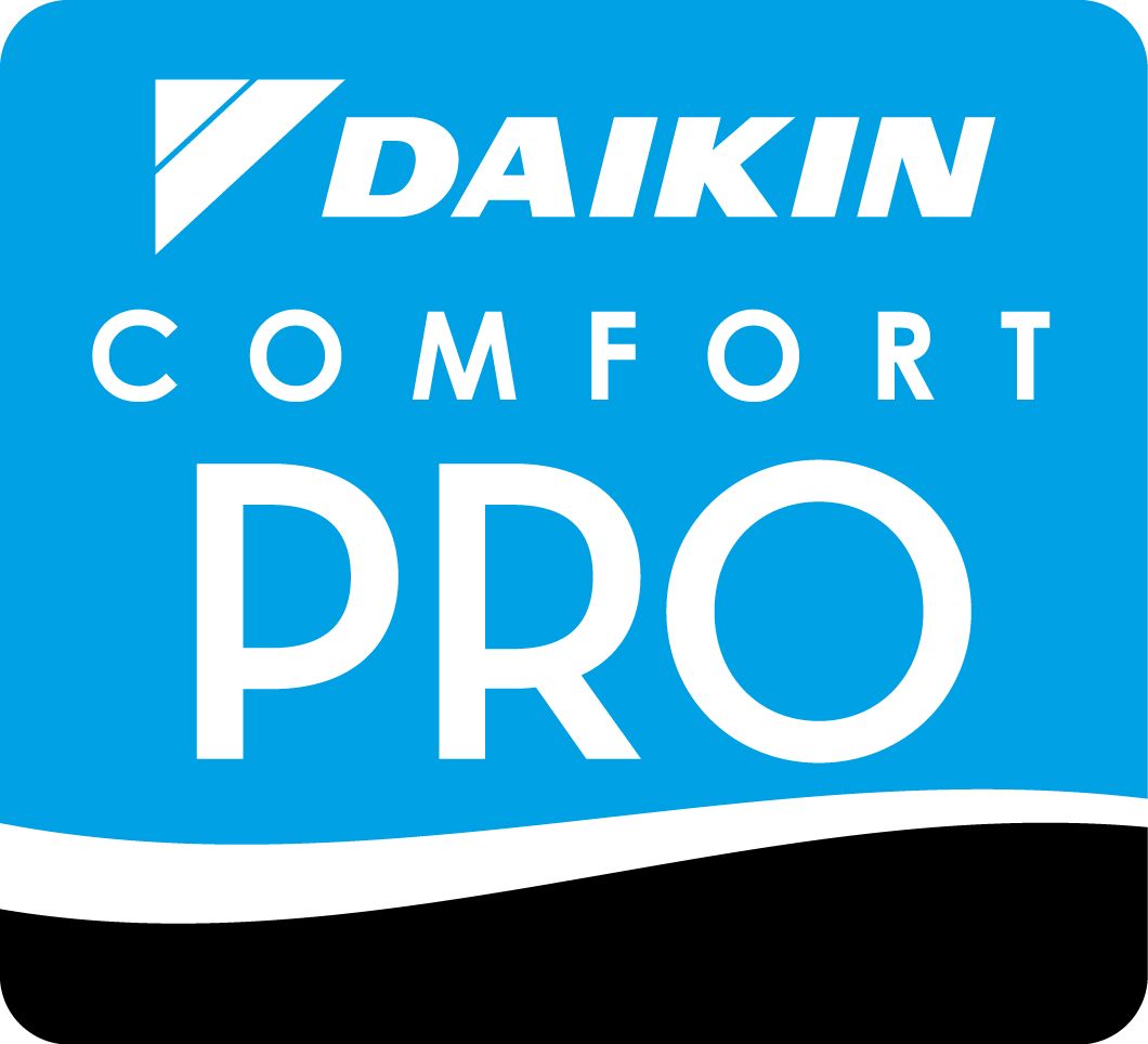 A Daikin Comfort Pro logo featuring white text on a blue background above a black wave shape.