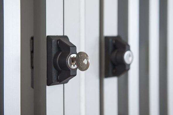 En närbild av två lås på ett par grindar.