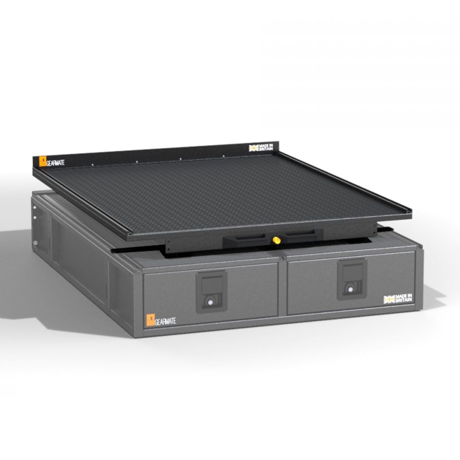 En packsläde i svart med två förvaringslådor undertill.