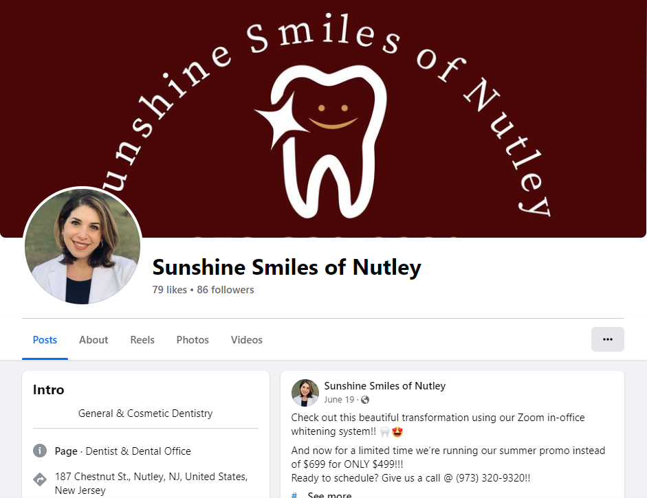 Facebook profile for Sunshine Smiles of Nutley, showing logo, dentist, and text about whitening service.