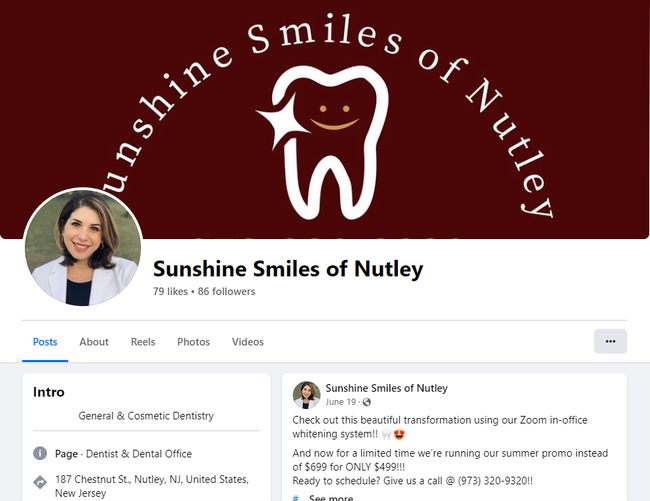 Facebook profile for Sunshine Smiles of Nutley, showing logo, dentist, and text about whitening service.