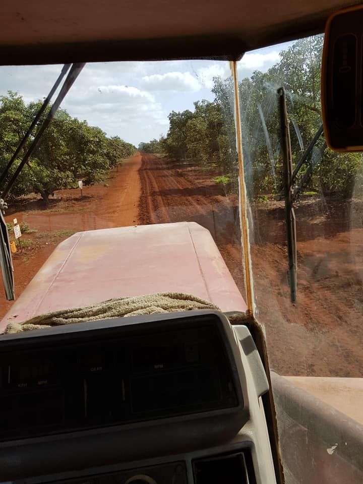 A Person is Driving a Tractor Down a Dirt Road — B E Laser Levelling QLD in Childers, QLD