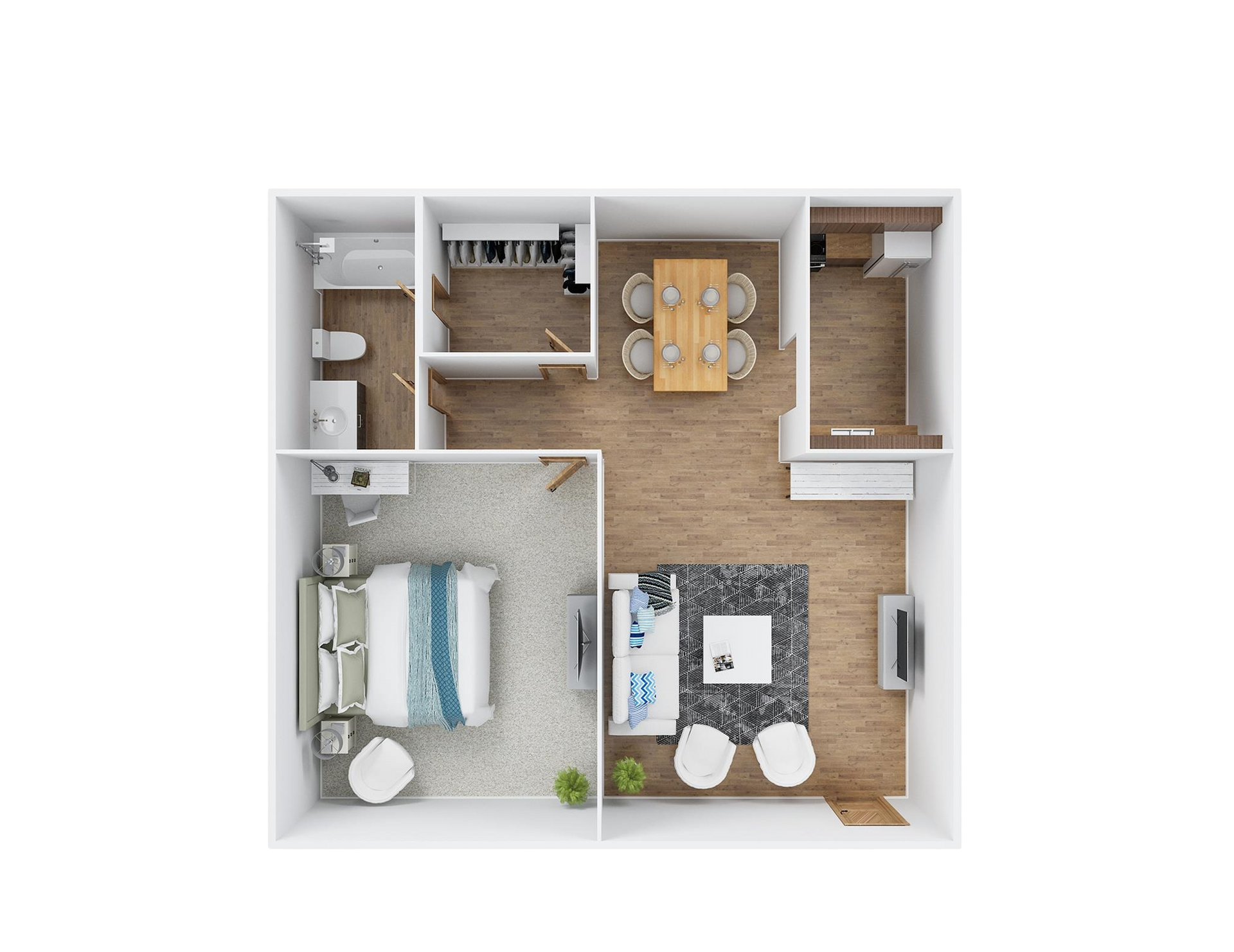 A 3d floor plan of a small apartment with a bedroom , living room , dining room , and bathroom.