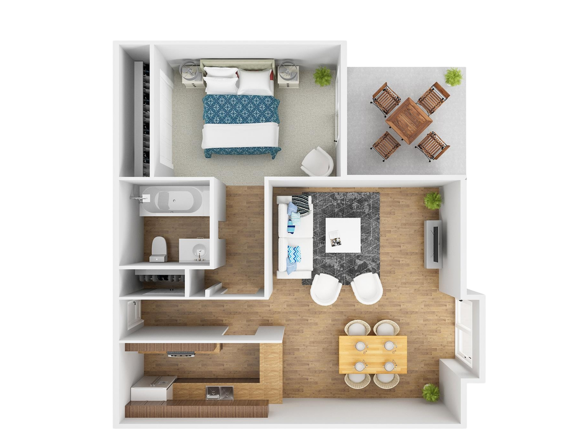 An aerial view of a bedroom , living room , dining room , and bathroom.