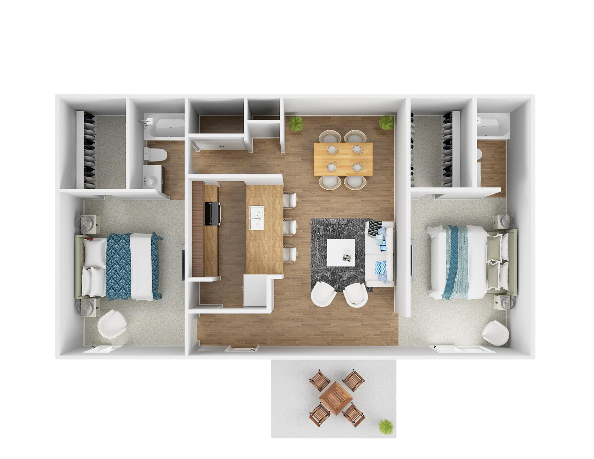 A 3d floor plan of a house with two bedrooms and a dining room.
