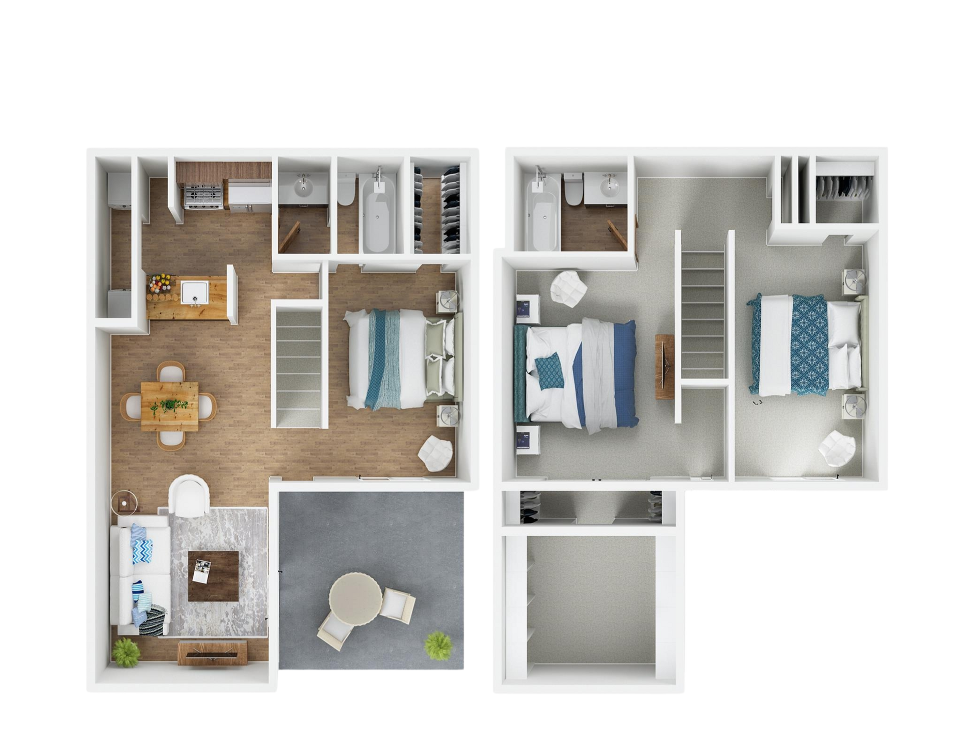 A 3d floor plan of a house with two bedrooms , a living room , and a dining room.