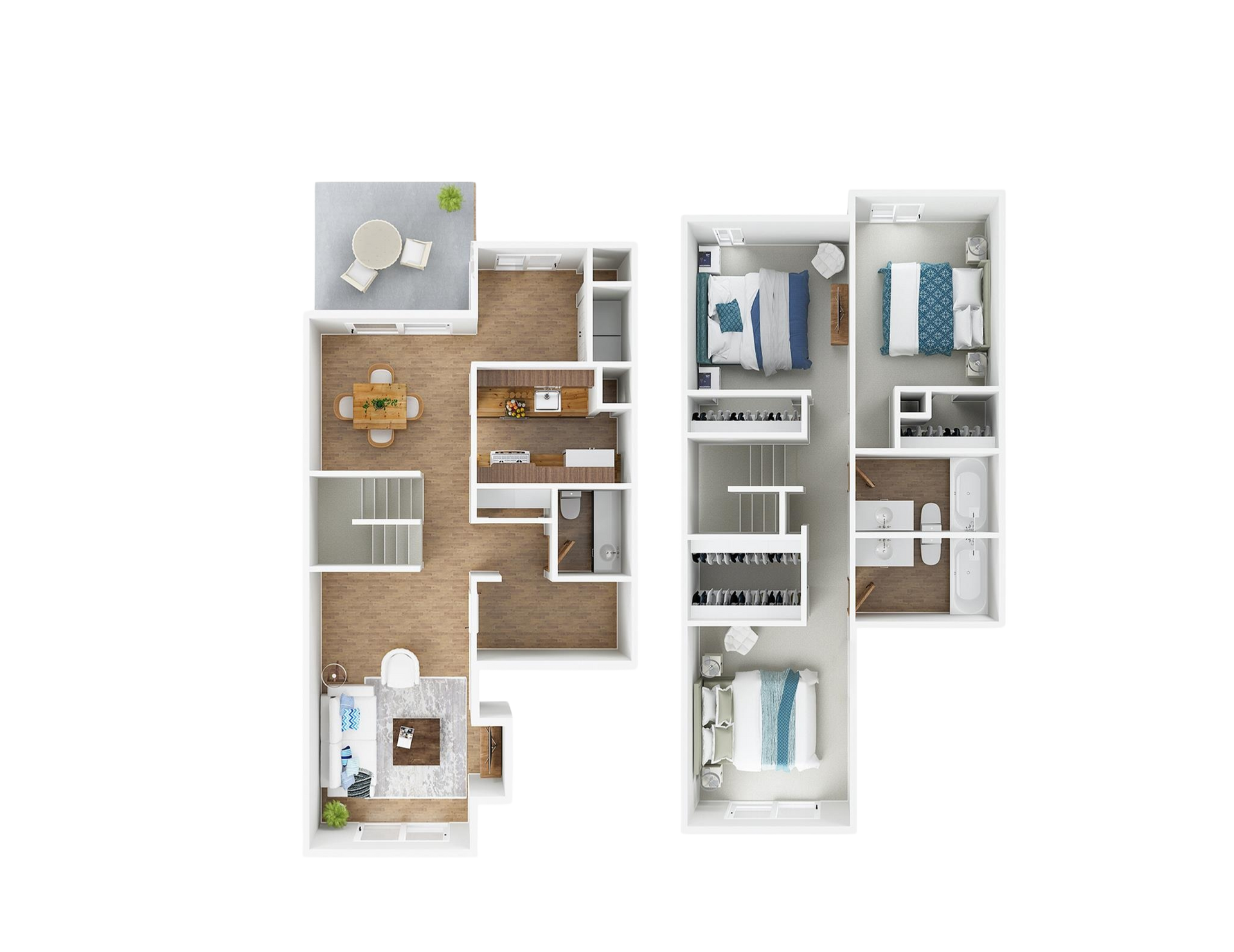 A 3d floor plan of a house with a balcony.