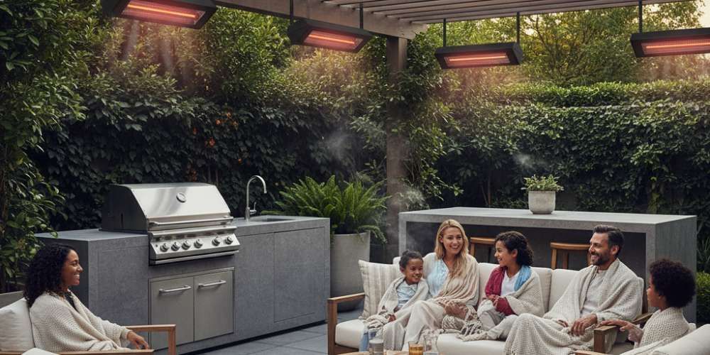 outdoor kitchen idea for Infrared heaters aimed at seating rather than the grill station