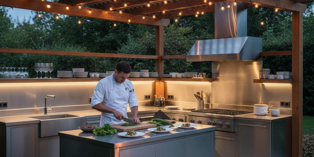 outdoor kitchen idea for LED task strips under shelves and hoods for glare‑free cutting and plating