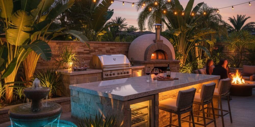 outdoor kitchen idea for accent lights on plantings or water features