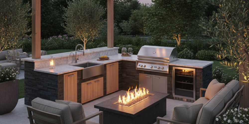 outdoor kitchen idea for adjacent lounge with a fire feature to extend evenings