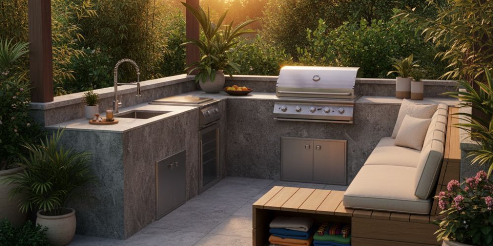 outdoor kitchen idea for bench seating with storage