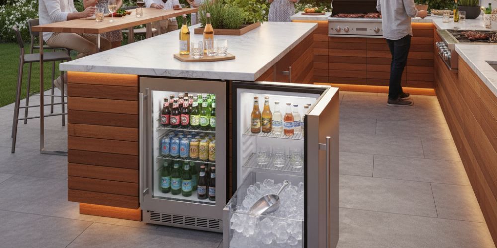 outdoor kitchen idea for beverage fridge + ice drawer on the guest side