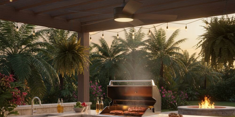 outdoor kitchen idea for ceiling fan on low to move air when the hood is off