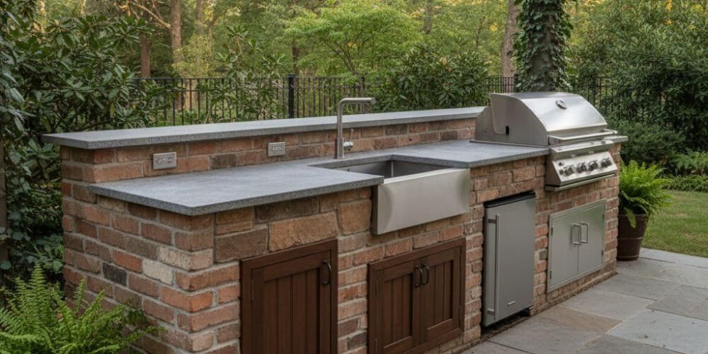 outdoor kitchen idea for classic stone_brick face with honed stone counters