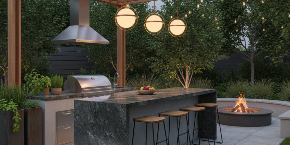 outdoor kitchen idea for dimmable pendants over the bar with shielded bulbs
