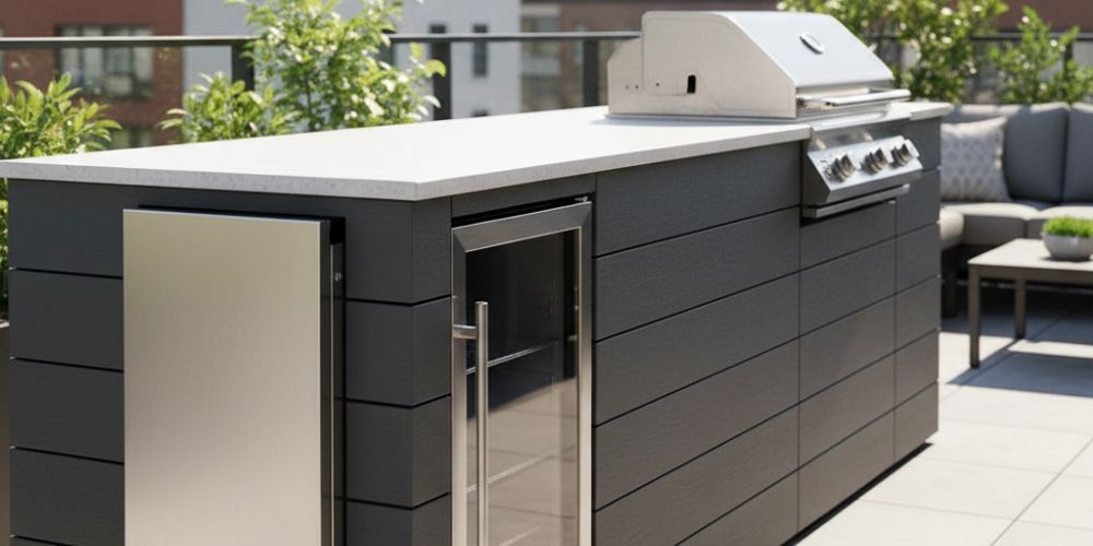 outdoor kitchen idea for folding side shelf and a narrow drawer fridge