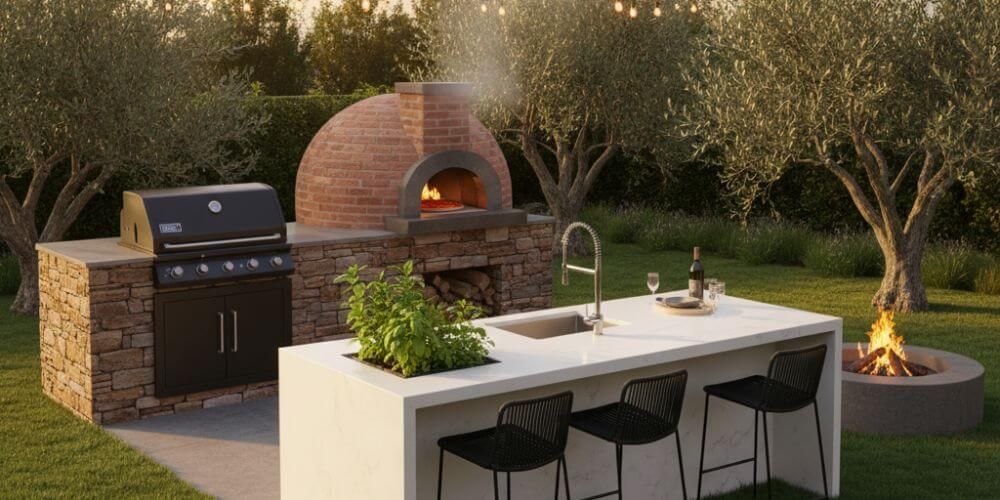 outdoor kitchen idea for grill + pizza oven for high‑heat bakes and bread