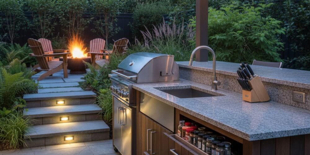 outdoor kitchen idea for path lighting to steps and storage