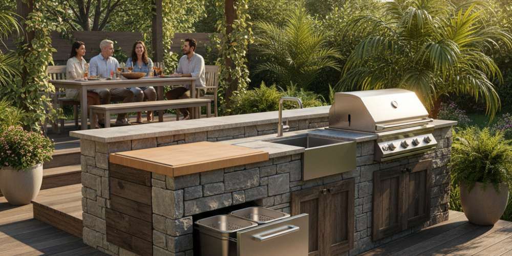 outdoor kitchen idea for pull‑out trashrecycling next to prep