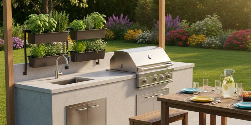 outdoor kitchen idea for rail‑mounted herb planters