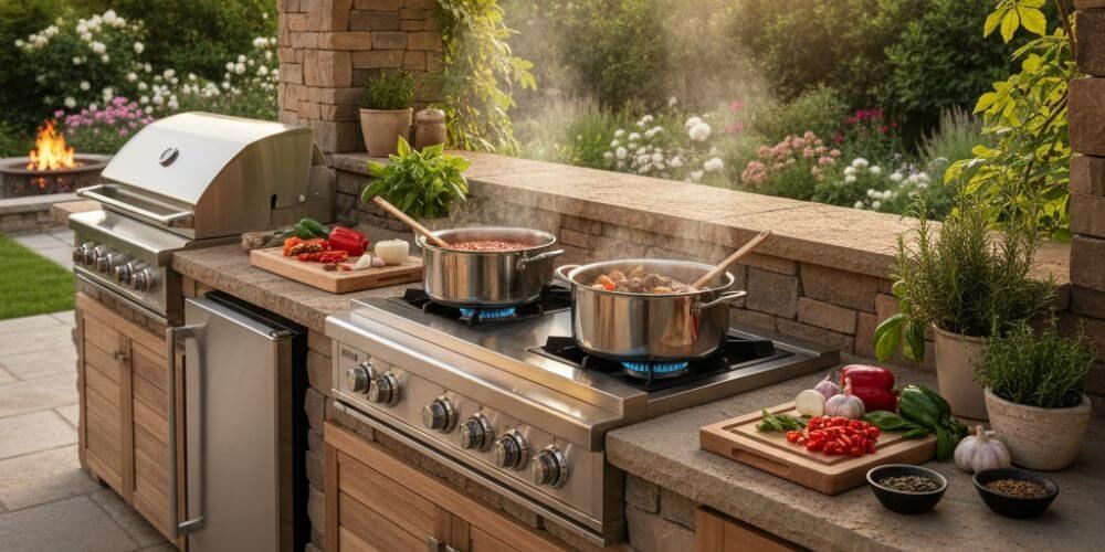 outdoor kitchen idea for side burner set in a wind‑sheltered corner
