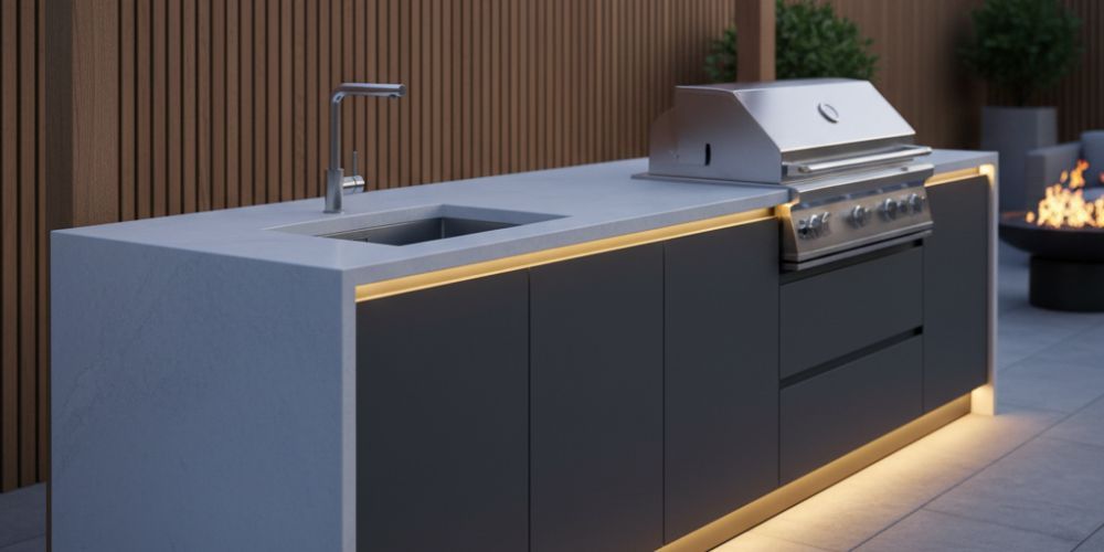 outdoor kitchen idea for sleek concrete or sintered stone tops with powder‑coated doors