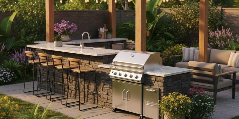 outdoor kitchen idea for split‑level bar behind the grill