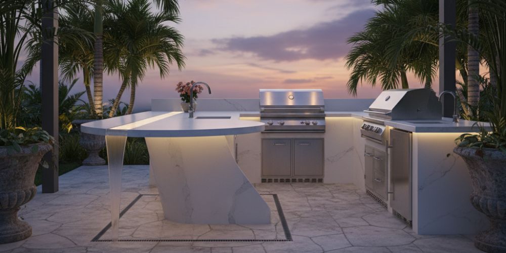 outdoor kitchen idea for waterfall edge on an island bar