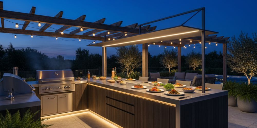 outdoor kitchen idea of covered plating station with task lighting