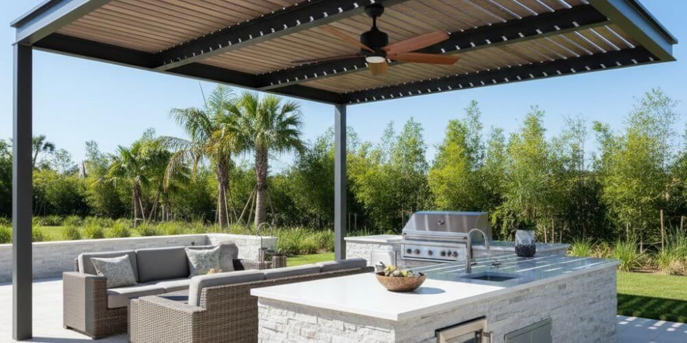 outdoor kitchen idea with slim pergola for shade