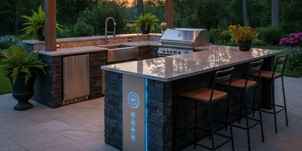 outdoor kitchen idea with speaker and lighting controls at the bar side