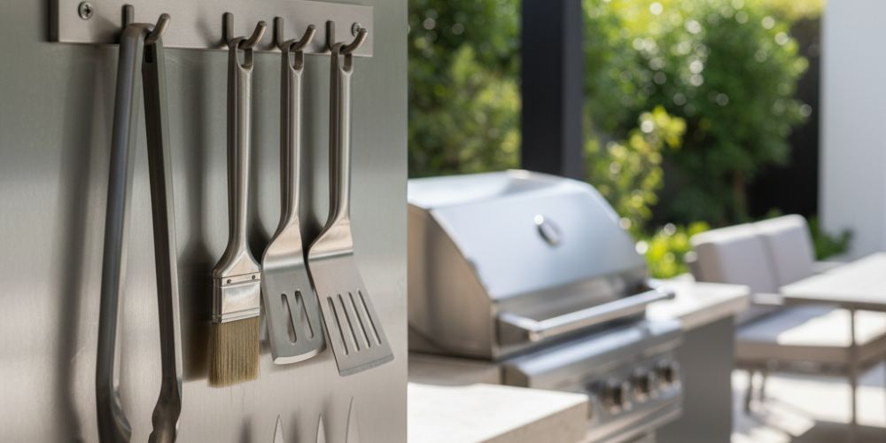 outdoor kitchen idea with vertical storage wall with tool hooks