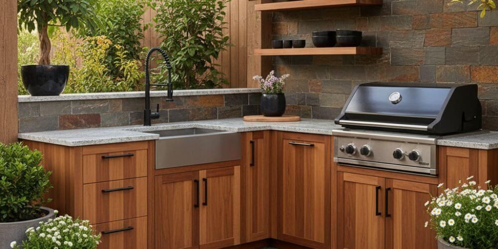 outdoor kitchen warm wood tones on non‑hot faces with matte black fixtures