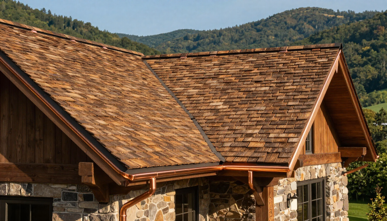 Luxury home with new cedar shake roof and copper accents.