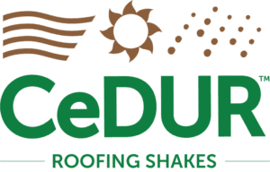 Logo for CeDUR Roofing Shakes with wind, sun, and hail icons, and green text.
