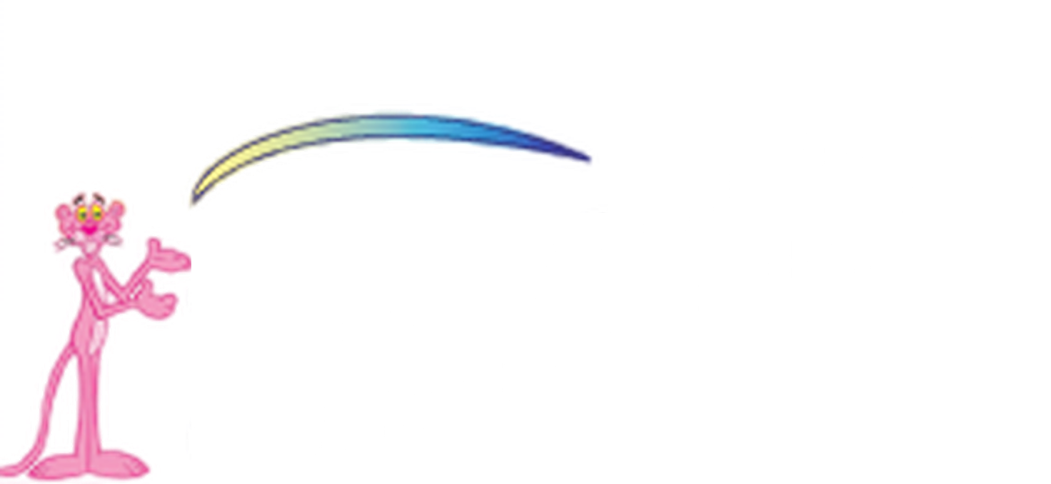 Pink Panther looking at a rainbow arc.