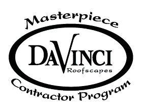 Black and white logo: "Masterpiece DaVinci Roofscapes Contractor Program" in an oval.