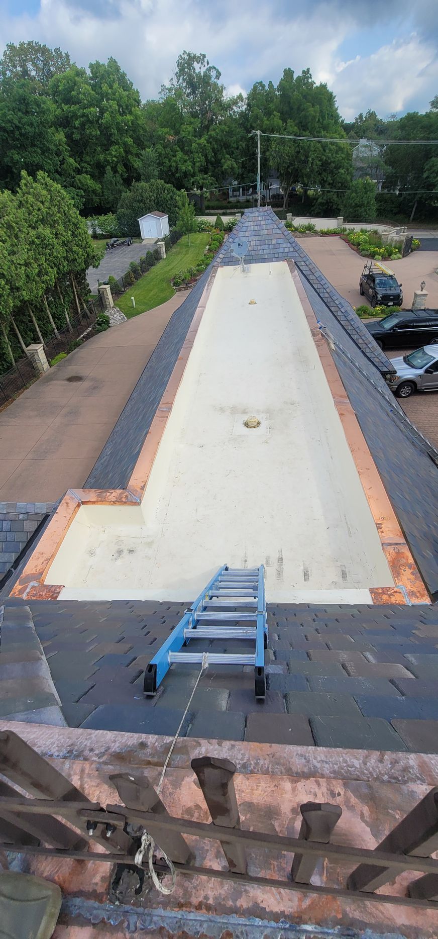 A view from a roof showing a white section in the middle with a ladder and trees in the background.