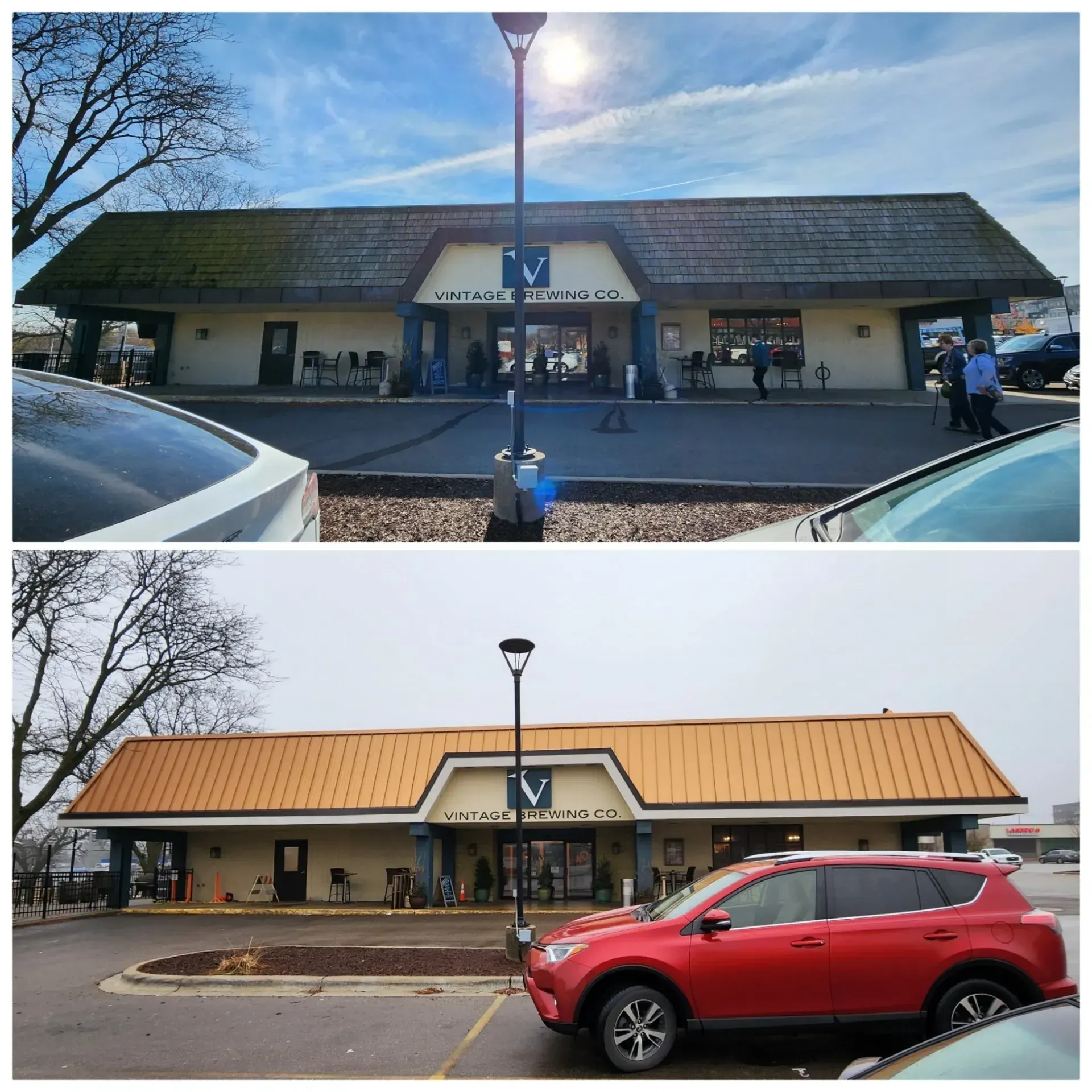 Top: building with a mossy roof in front of cars and people. Bottom: building with a gold roof and a red SUV in the parking lot. building with a gold roof and a red SUV in the parking lot.