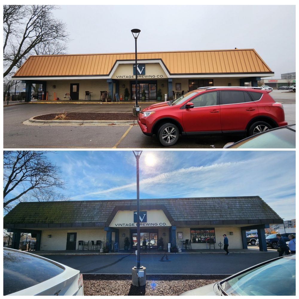 Top: Building with red car parked outside. Bottom: Same building with different roof color, people walking nearby.