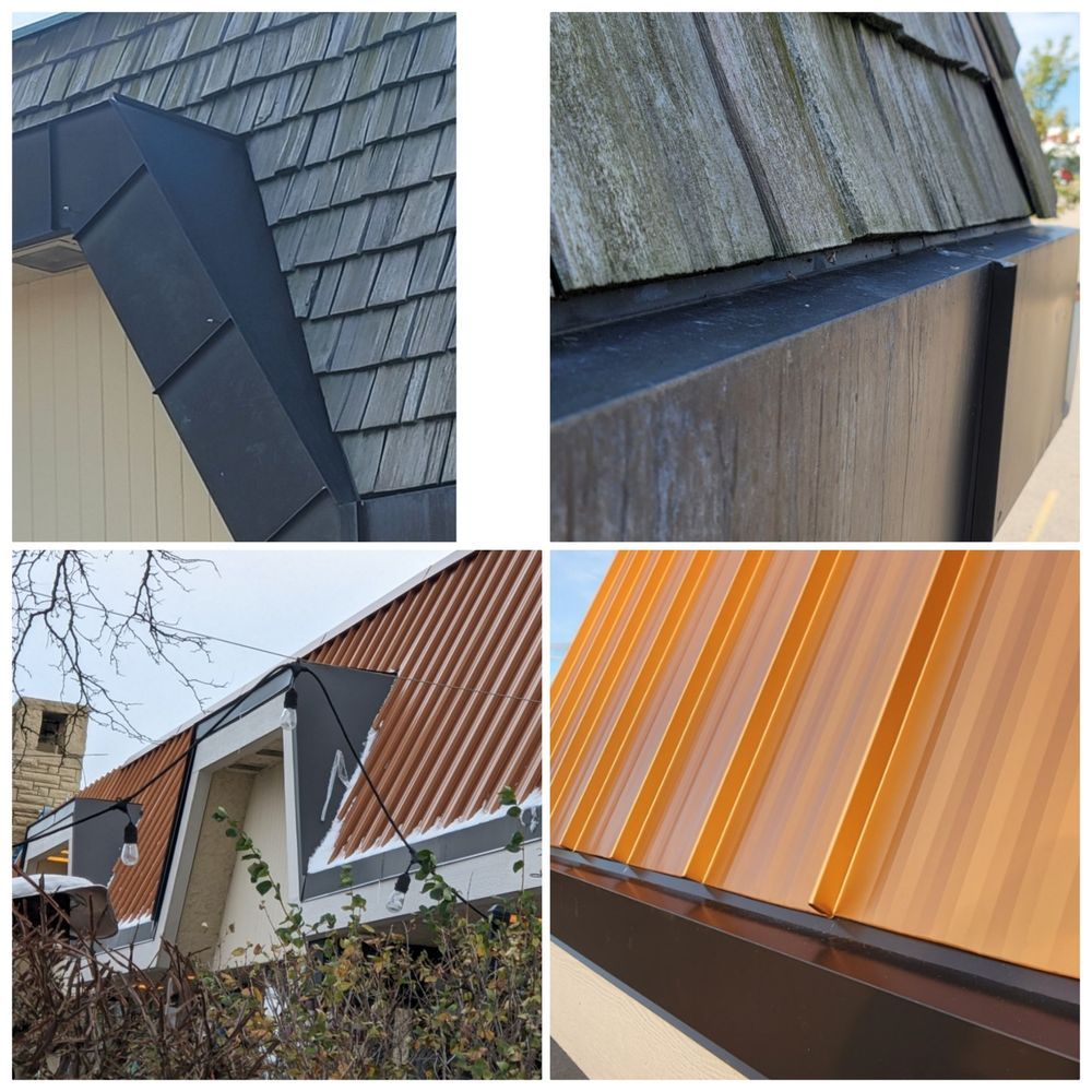 Four close-up views of different roof edges with various materials, including wood and metal, against a sky.
