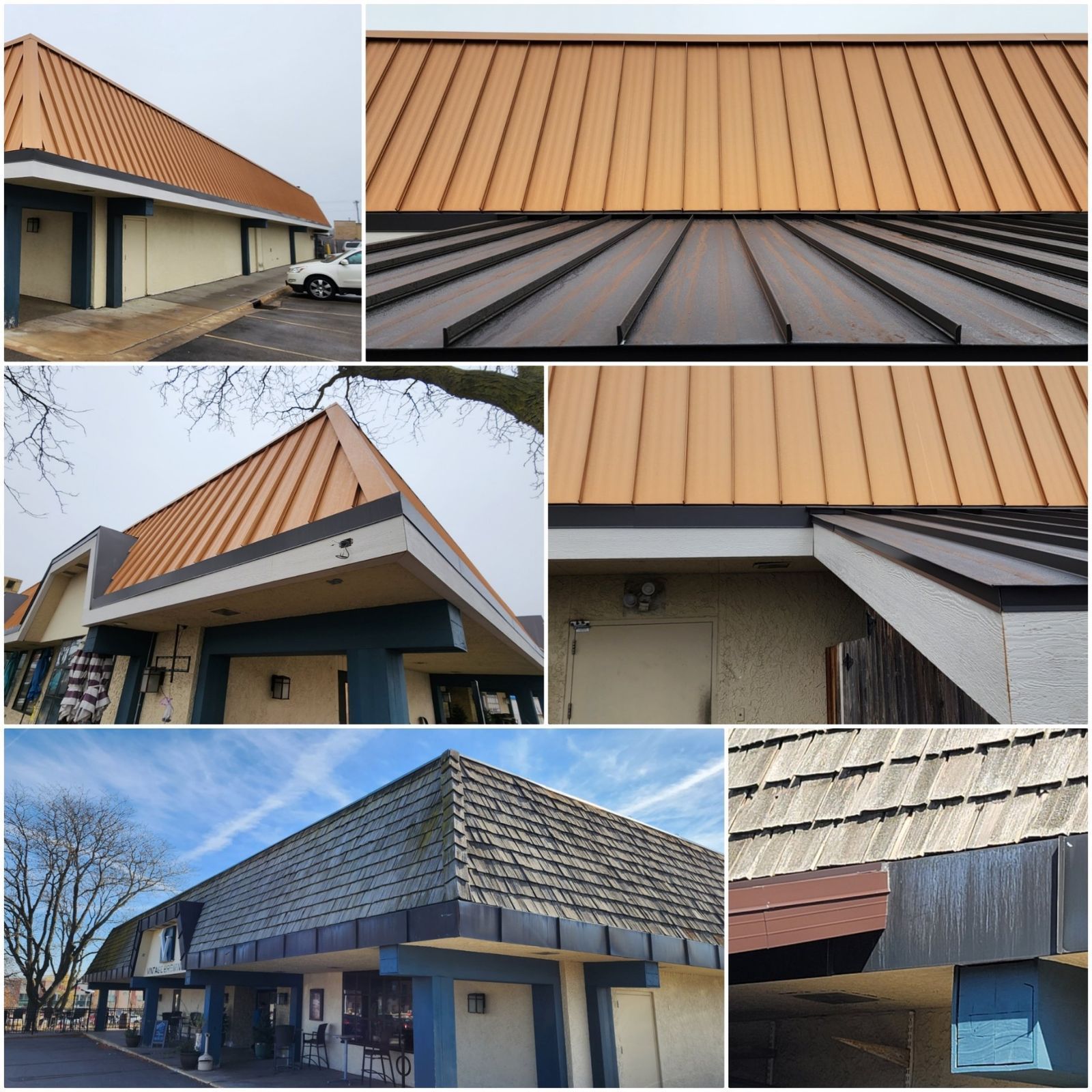 Collage of building roofs with metal and shingle roofing in shades of brown and gray.