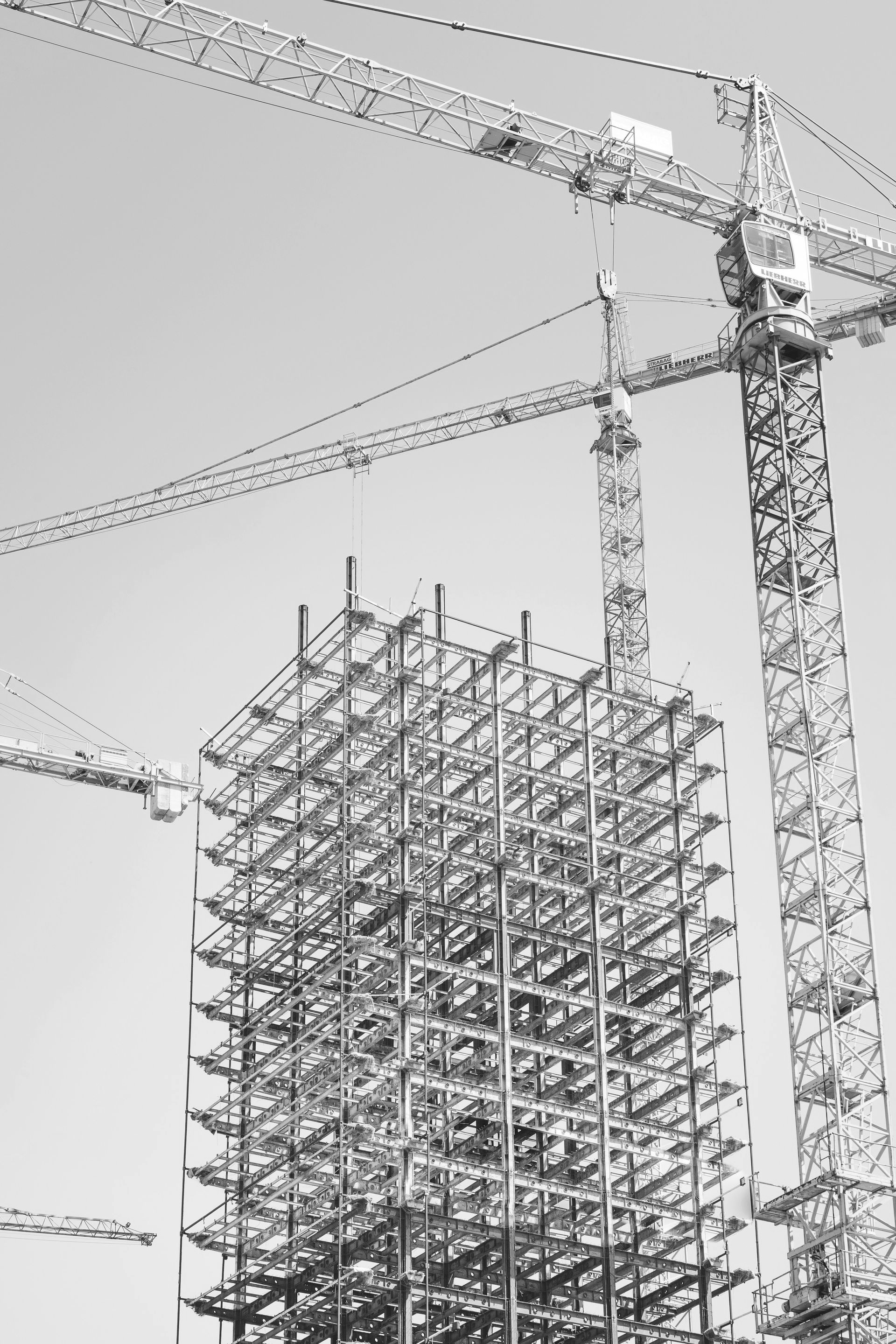 Steel frame of a high-rise building under construction with multiple yellow construction cranes against a clear, blue sky.